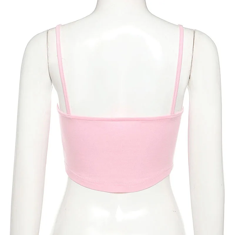 

ALLNeon 2000s Aesthetics Pink Heart Print Croset Tops Y2K Vintage Backless Embroidery Spaghetti Strap Cami Tops Kawaii Outfits