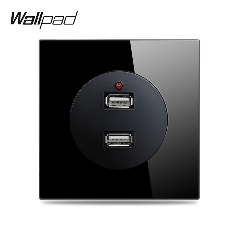 Настенная розетка Wallpad L6 с 2 USB портами 1 А черная стеклянная панель|Электрические
