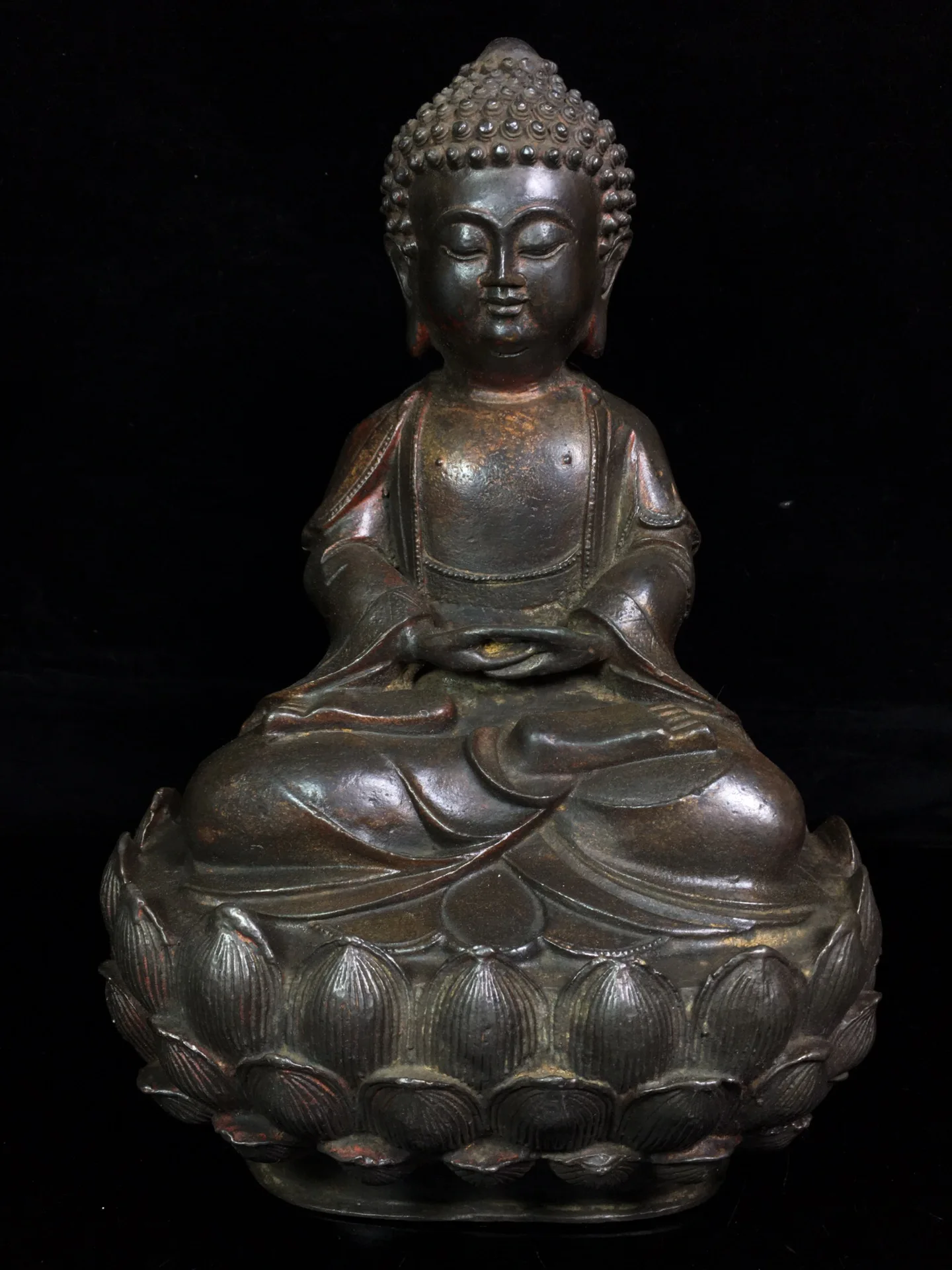 

14" Tibet Buddhism Old Bronze Cinnabar Sakyamuni Baby buddha Sitting on a double lotus platform Enshrine the Buddha