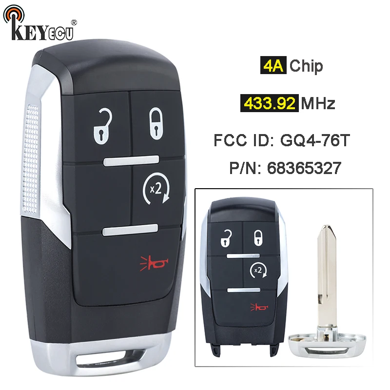 

KEYECU 433.92MHz 4A Chip FCC ID: GQ4-76T 68365327AB / AC / AD / AA Smart Remote Key Fob RAM 2500 3500 4500 5500 2019 2020 2021