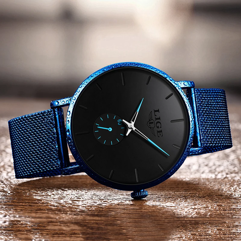 LIGE модные мужские часы водонепроницаемые тонкий сетчатый ремешок