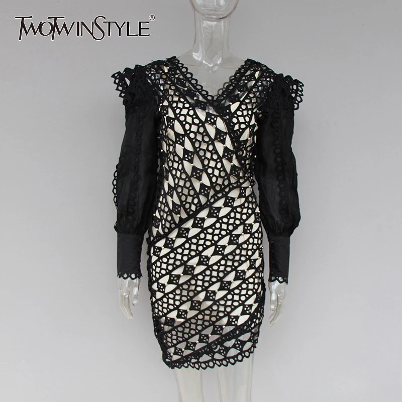 TWOTWINSTYLE асимметричное женское платье-фонарик с длинным рукавом в стиле пэчворк, кружевные асимметричные платья для женщин, осень, модная одежда
