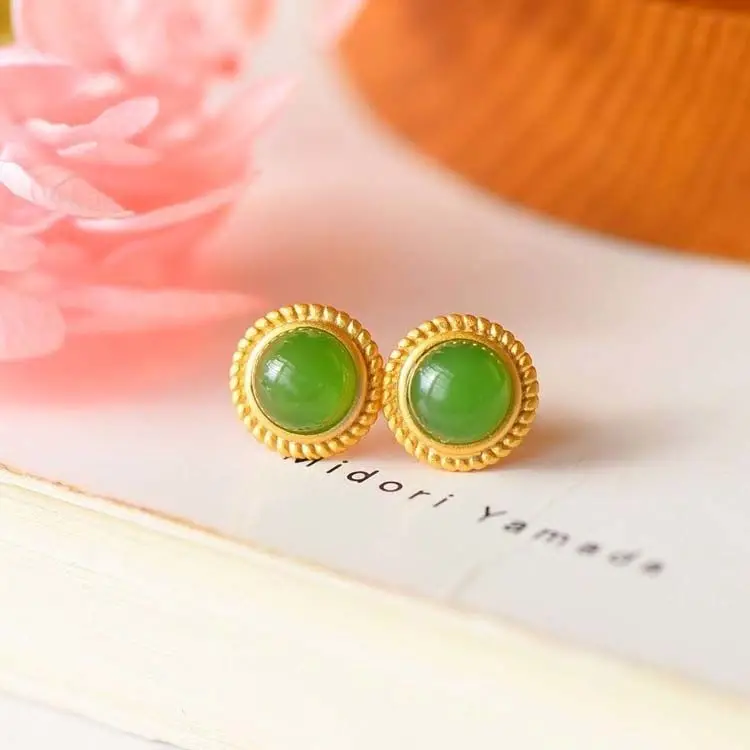 

Natural Hetian Jade Stud Earrings S925 Sterling Silver Inlaid Gemstone Gilding Craft Lasting Color Retention Simple Fashion