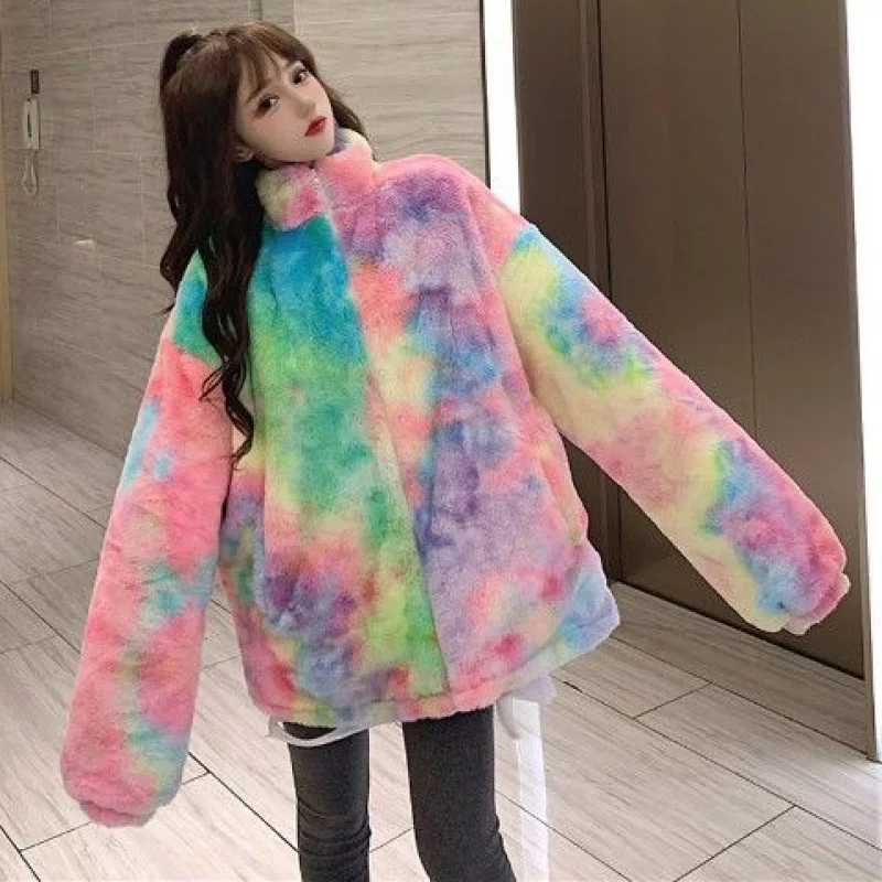 2021 New Winter Women Gradient Color Mid-Length Warm Plush Jacket Korean Style Loose Oversize Zipper Rainbow Warm Coat Plus Size