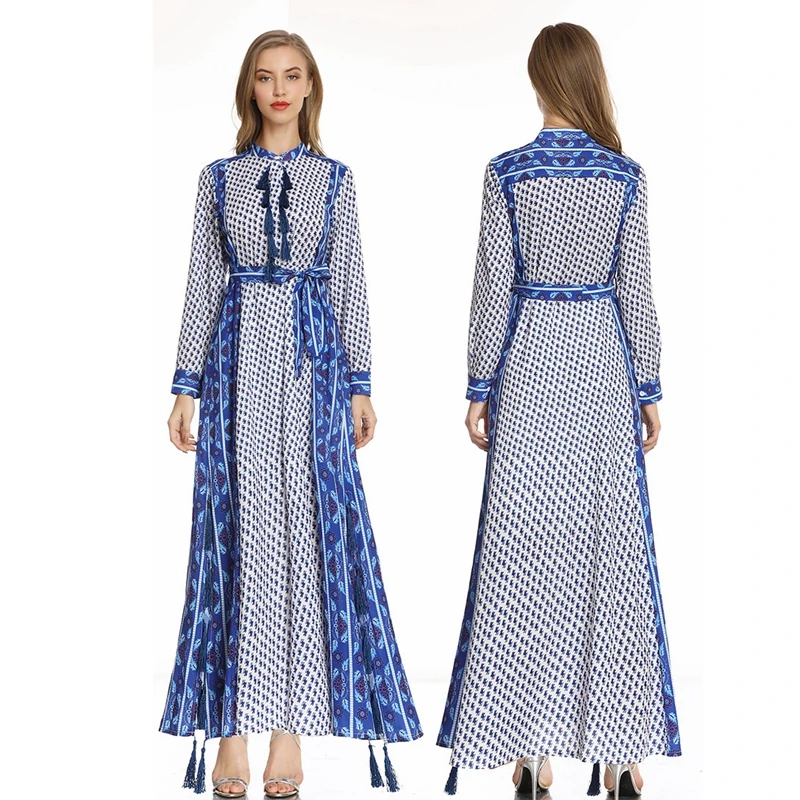 

WEPBEL Women's Fashion Long Sleeve O-Neck High Waist Dress Muslim Print Slim Fit Casual Dress