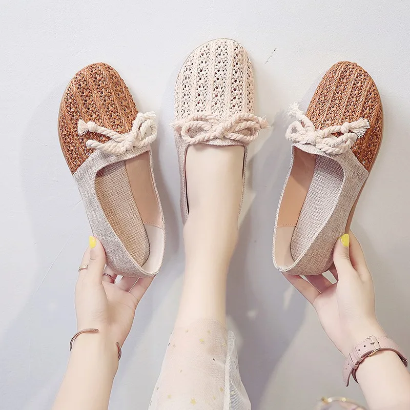 Summer Woven Sewing Flat Shoes for Ladies Slip On Ethnic Flats Breathable Espadrille Solid Woman Shoes Casual Footwear