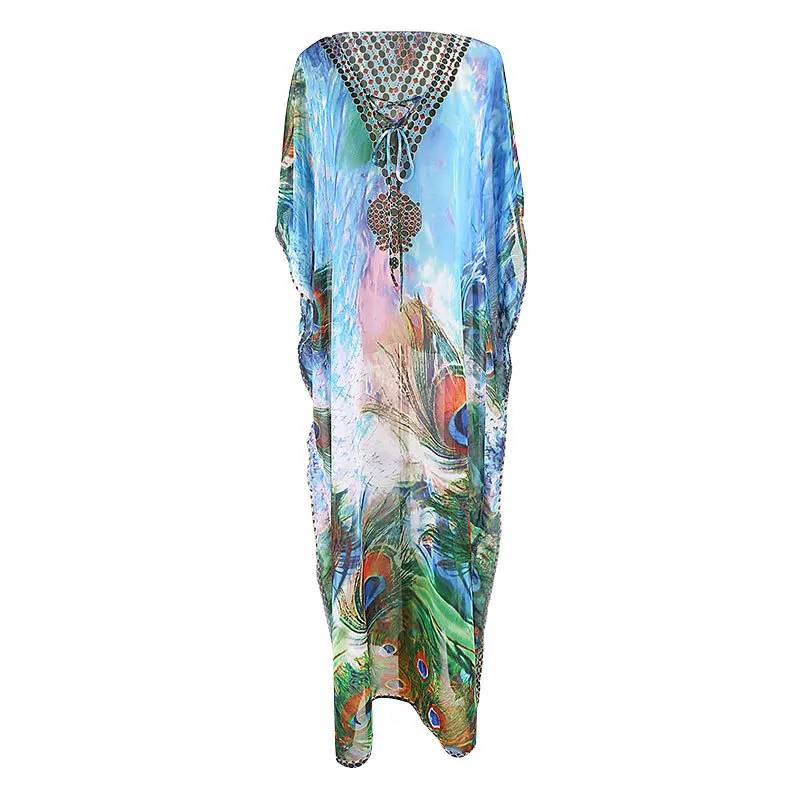 

SuperAen New Chiffon Peacock Feather Print Loose Dress Beach Sun-Proof Clothing Swimsuit Women Outdoor Shirt Dress
