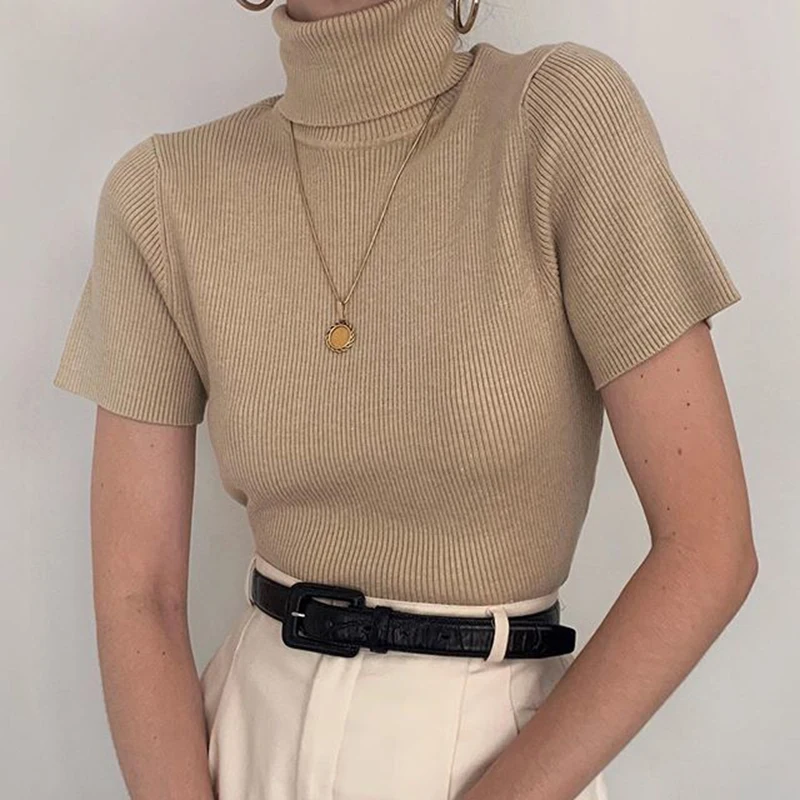 Однотонная трикотажная блузка Женский короткий рукав высокий завернутый