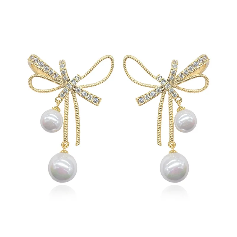 

Statement Bowknowt Earrings for Women Cubic Zirconia Temperament Pearls Dangle Jewelry Luxury Wedding Earings серьги 2022 тре