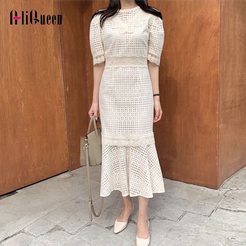 

Женское кружевное платье-русалка, Элегантное повседневное облегающее Платье макси с пышными рукавами, в Корейском стиле, лето 2020