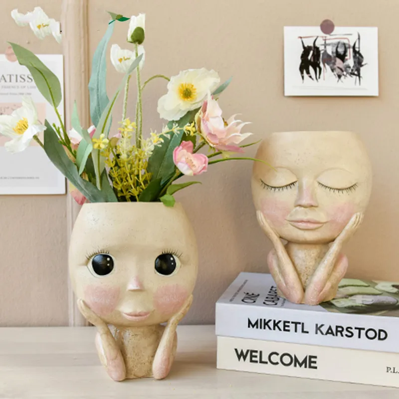 Florero de cabeza humana de arte nórdico, maceta de flores con cara, diseño de muñeca, macetas de flores de resina, decoración bonita para el hogar, maceta con forma de cabeza