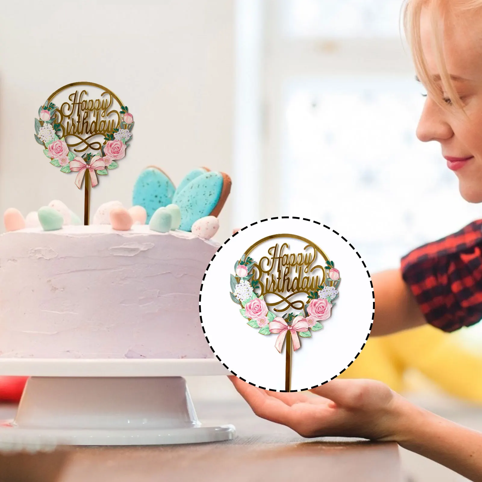 

12x16 cm Plant Happy Birthday Cake Toppers Golden Silver 3D Acrylic Birthday party Cupcake topper Dessert decoration Baby shower