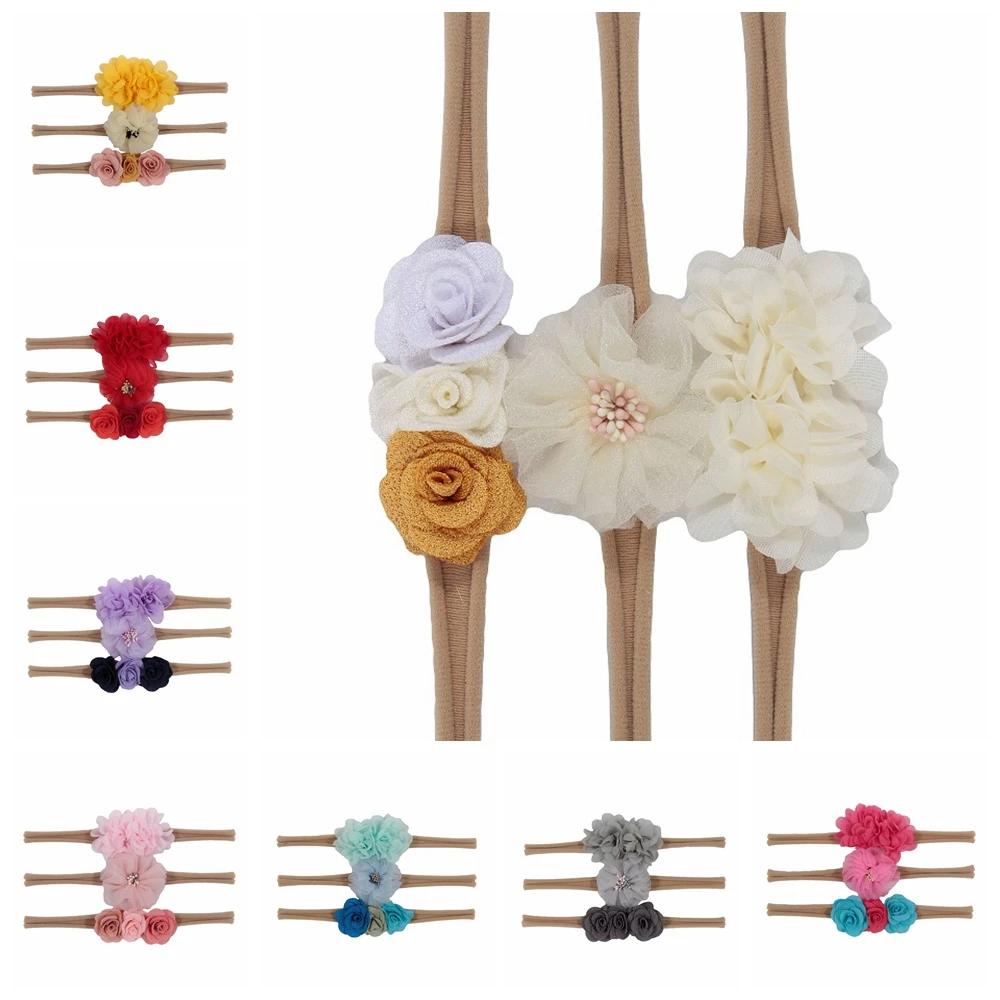 Повязка на голову Yundfly 3 шт./лот из шифона с цветком розы комплект головных уборов