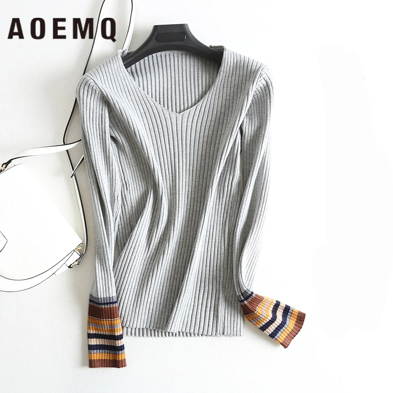 AOEMQ, модный свитер, один размер, 5 цветов, в полоску, подходит для секса, v-образный вырез, женские топы, тонкий свитер, зимняя одежда для женщин, одежда