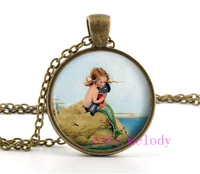 mermaid baby vintage photo cabochon glass chain necklacecharm women pendants fashion jewelry gifts