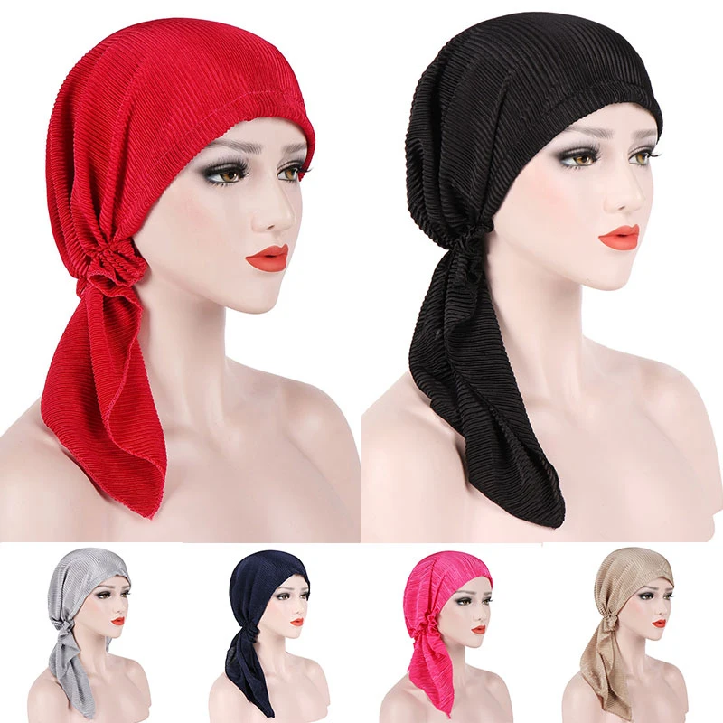 

Muslim Head Cover for women Bonnet Hat Headscarf Solid Resuable Long Tail Sleep Hat cotton Turban Hat Night Cap hijab scarf