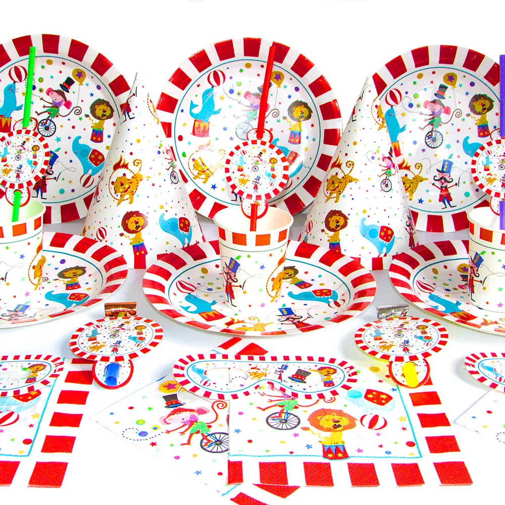 60Pcs/set Circus Party Decorations Acrobatic Animals Disposable Tableware Set Plate Cup Kids Birthday Party Supplies Baby Shower
