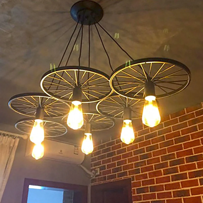 Vintage Wheel Pendant Lights Edison Light Fixtures Modern Flush Mount Lighting Adjustable Hanging Wire Length Lamps for Home | Освещение