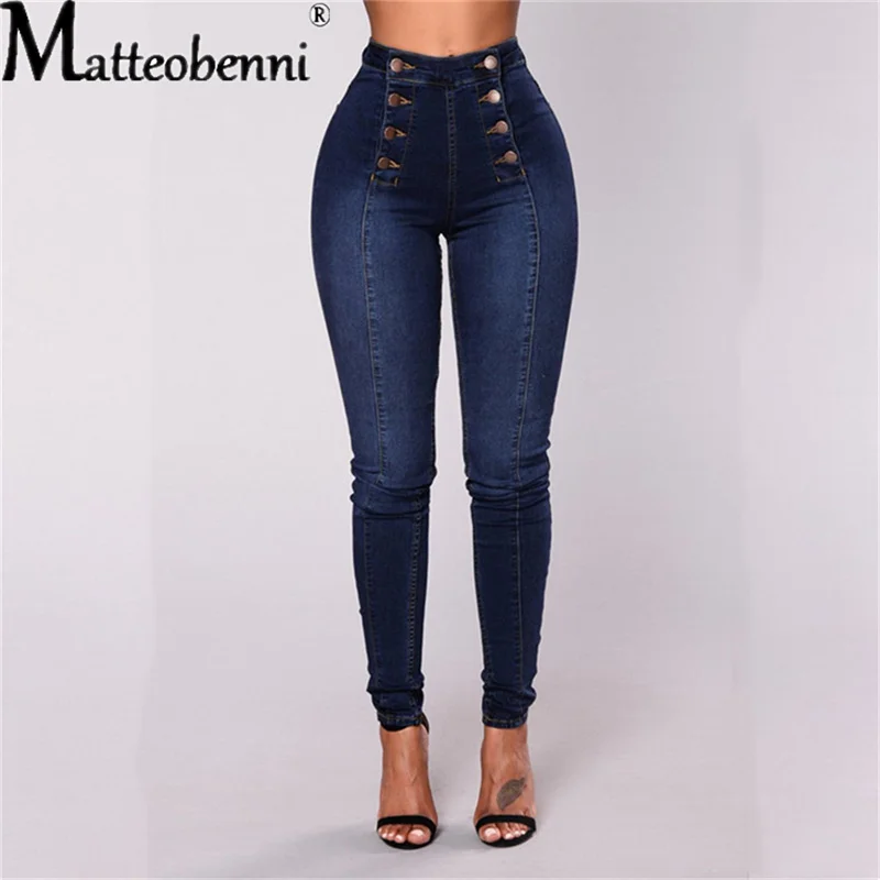 

2022 Vintage Skinny Double-Breasted High Waist Pencil Jeans Women Slim Fit Stretch Denim Pants Full Length Denim Tight Trousers