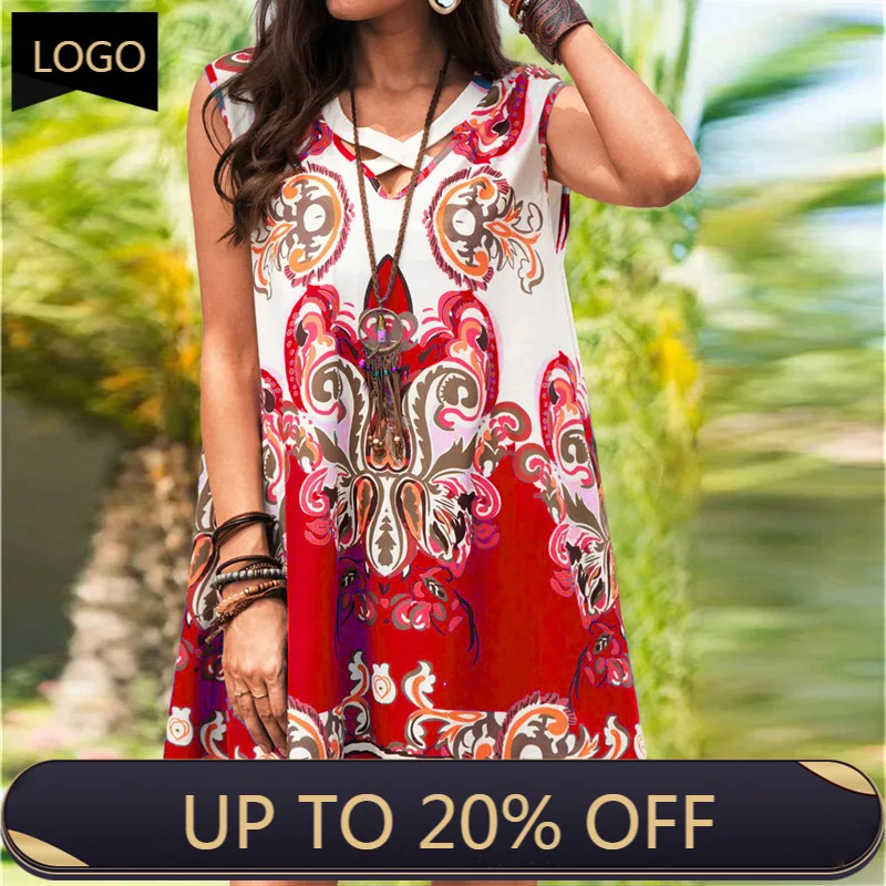 

Винтажное платье с винтажным принтом свободное пляжное платье со стильным поперечным с треугольным вырезом на шее Hollow Out трапециевидные ве...