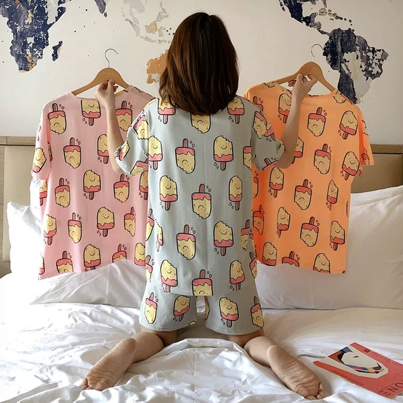 

2020 New Pajamas Set Summer Sweet Women's Top Shorts 2 Pcs Sleepwear Suit Korean Style Cute Cartoon Print Ladies Home Wear