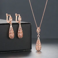 hollow water drop lace pendant necklace for women vintage court flower 18k rose gold plated brass earrings necklace jewelry sets