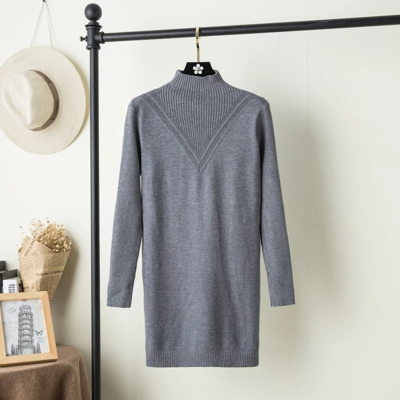 Осень зима 2019 платье свитер Женский v образный воротник стойка с вышивкой длинный