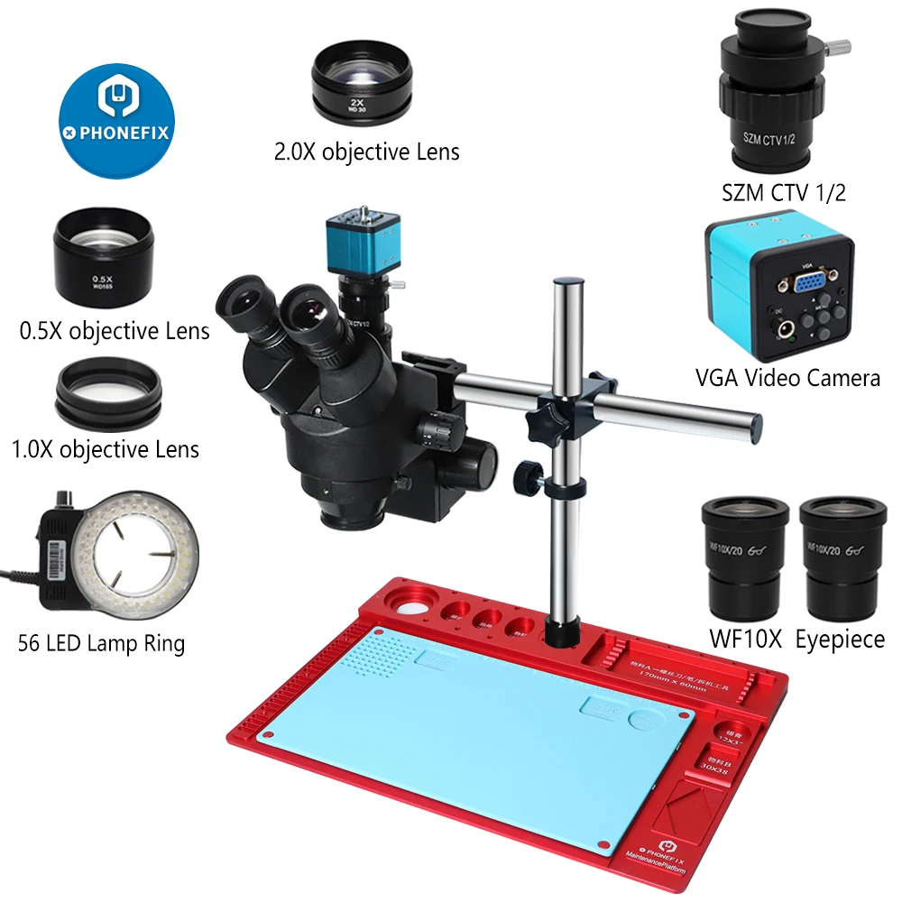 

1080P VGA USB Video Camera Simul-Focal 3.5X-90X Continuous Zoom Stereo Trinocular Microscope CTV Adapter Phone PCB Repair Kit