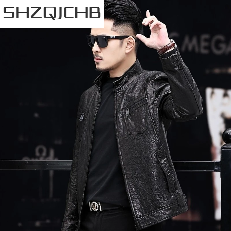 

JCHB 2021 Top Quality Brand Mens 100% Real Leather Jacket Autumn Stand Collar Slim Fit Short Motorcycle Jackets Bomber Sheepski