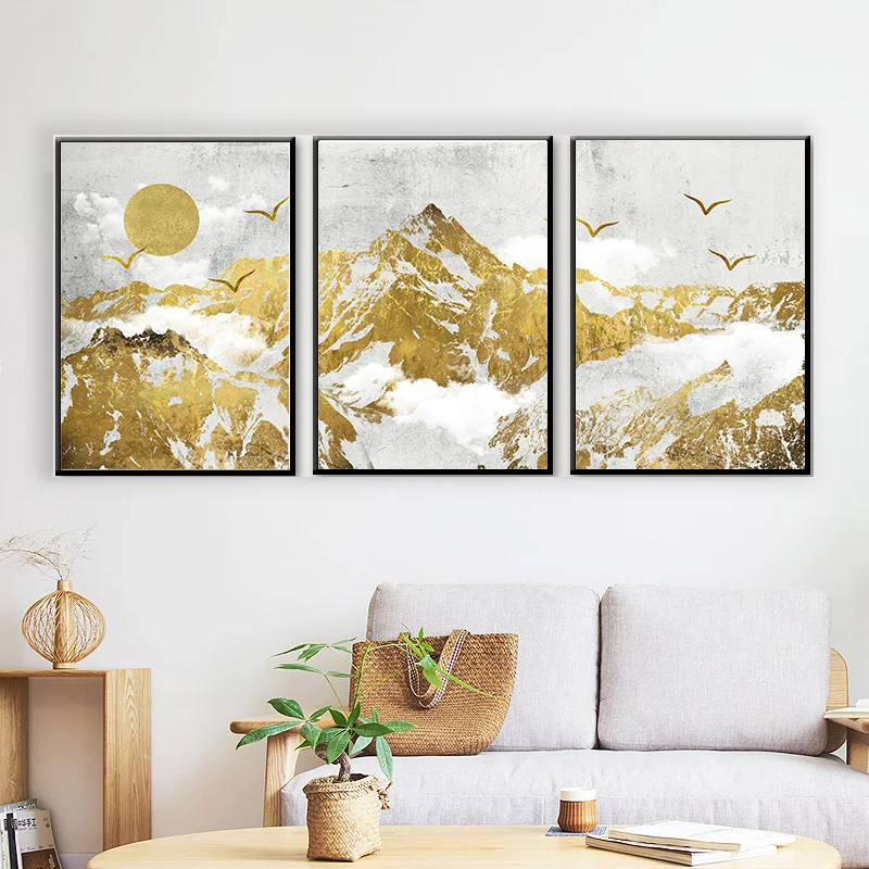 

Nordic Abstract Landscape Picture Home Decor Canvas Painting Wall Art Golden Mountain Sun Bird Print and Poster for Living Room