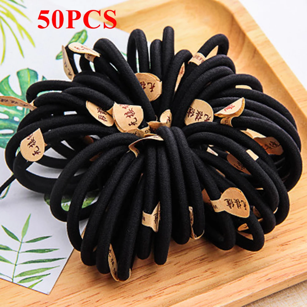 50Pcs Women Elastic Rubber Band Simple Black Hair Rope Ring Ponytail Holder Accessories gumki do wlosow |