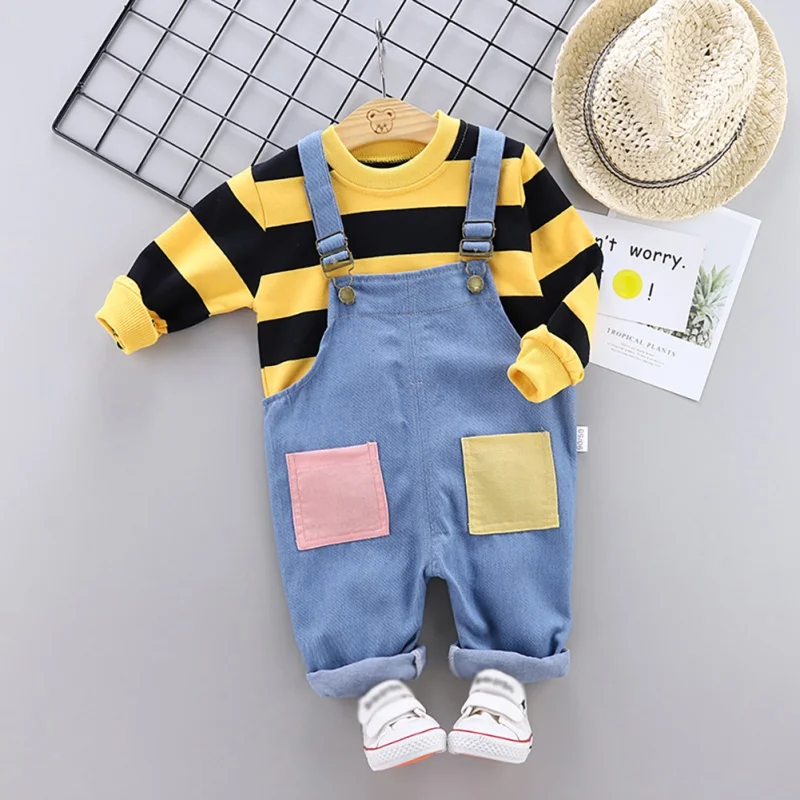 

Autumn Long Sleeve Kids Boy Girl Outfits Girls Striped Sweatshirt+Denim Strap Trousers Boy Casual Children Sets