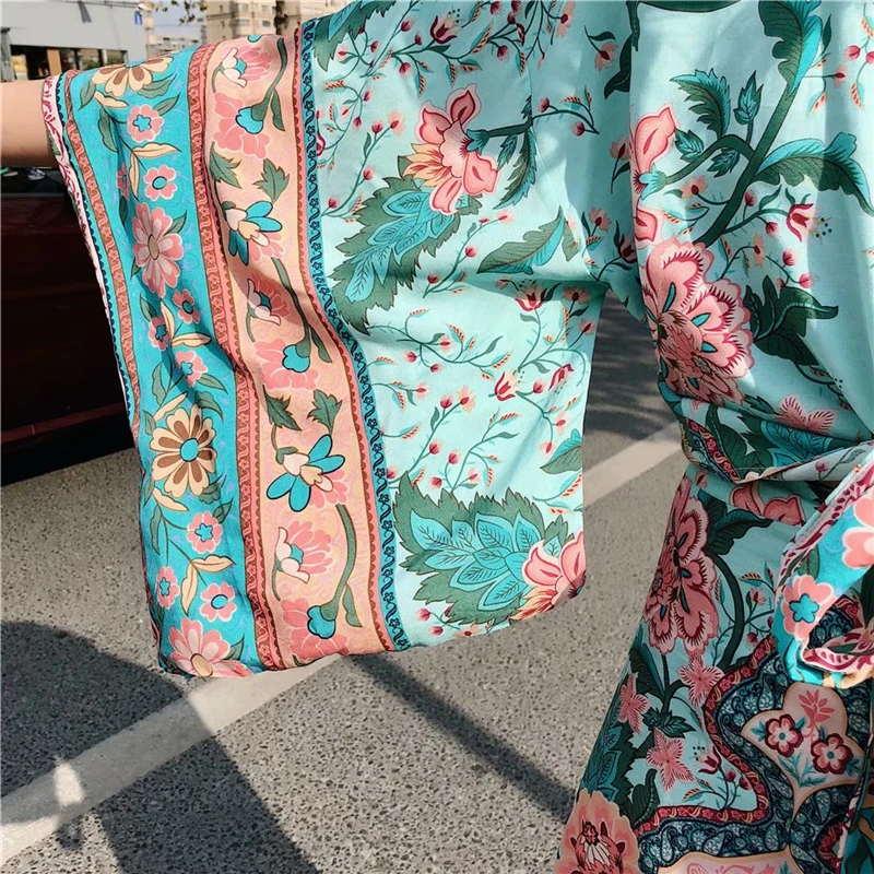 Женское Короткое Кимоно Boho винтажное кимоно с цветочным принтом и поясом новинка