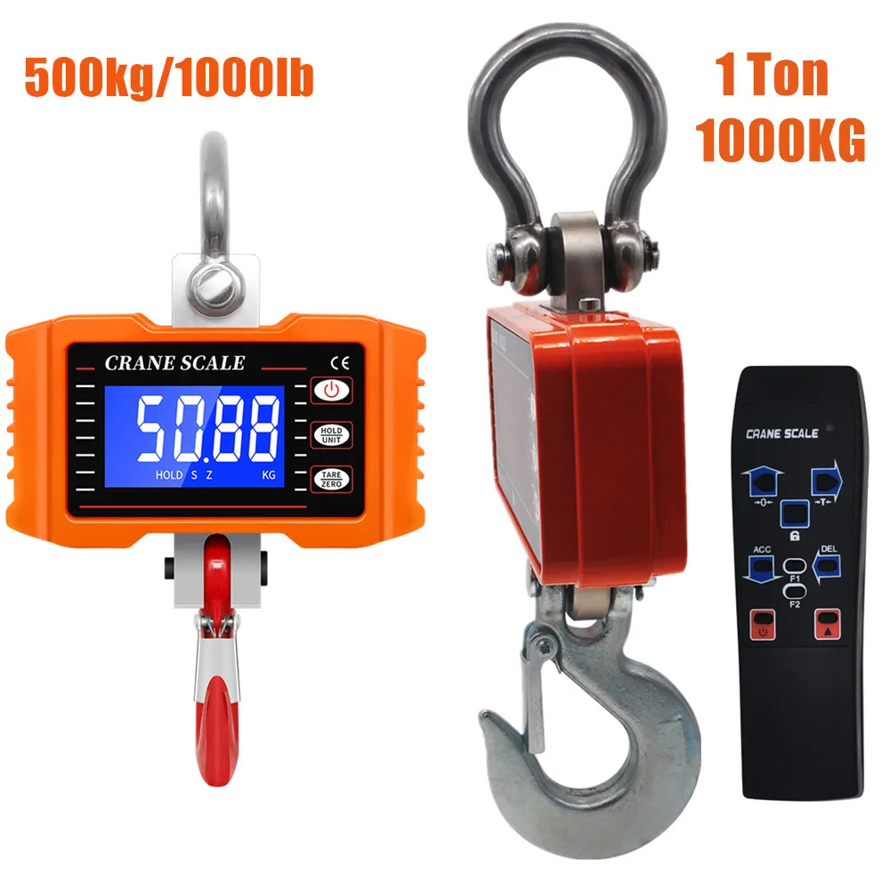 Crane Scale 1000KG 1 Ton 2000 lb Digital Scales 500kg/1000lb LCD High Accurate Industrial Heavy Duty Hook Hanging Scales Balance