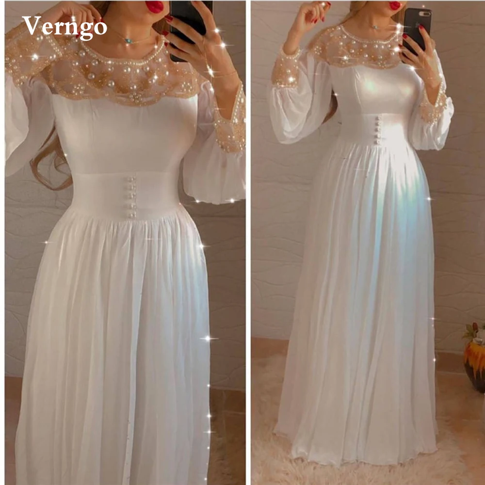 

Verngo Sparkly Beads Pearls White Long Sleeves Evening Dresses Elegant O-neck Buttons A Line Prom Gowns Modest Formal Dress