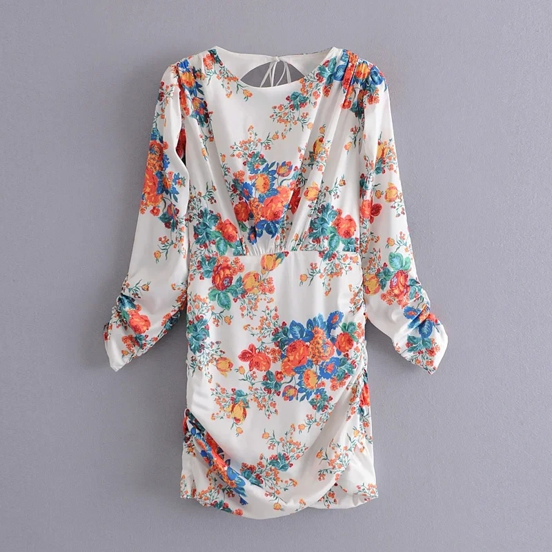 

Vintage Elegant Floral Print Draped Mini Dress Women Sexy Back Bow Tie Zipper Backless Dresses Female Chic Vestidos