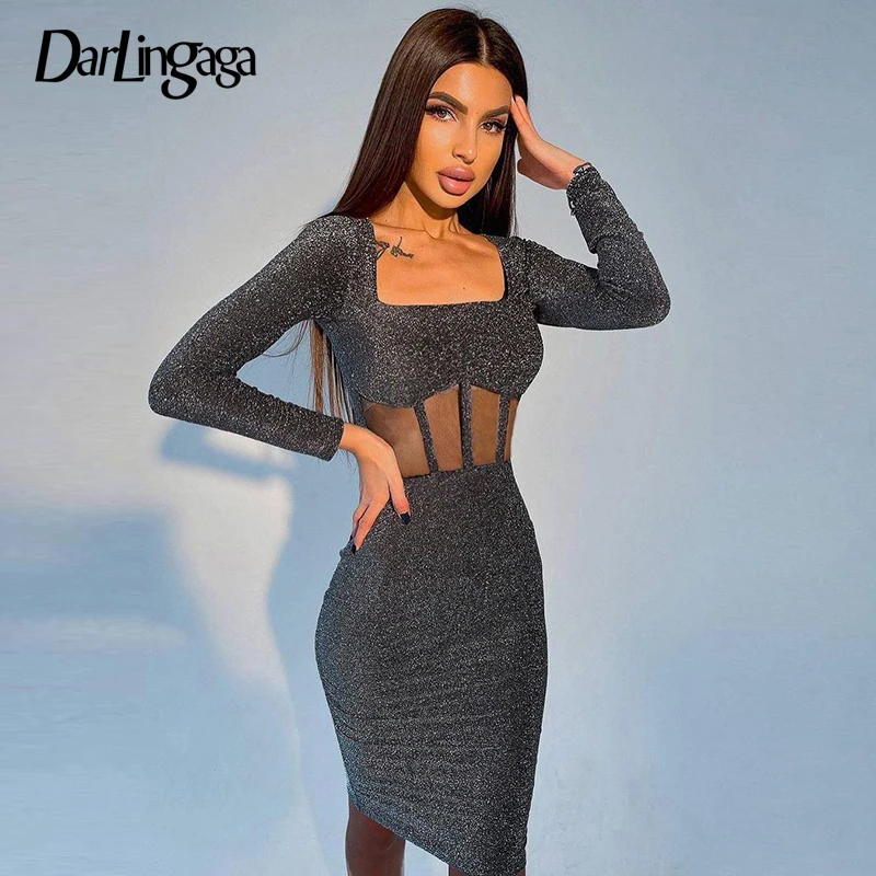 

Darlingaga Fashion Bling Glitter Mesh Patchwork Corset Bodycon Dress Female Square Collar Sexy Dresses for New Year 2022 Outfits