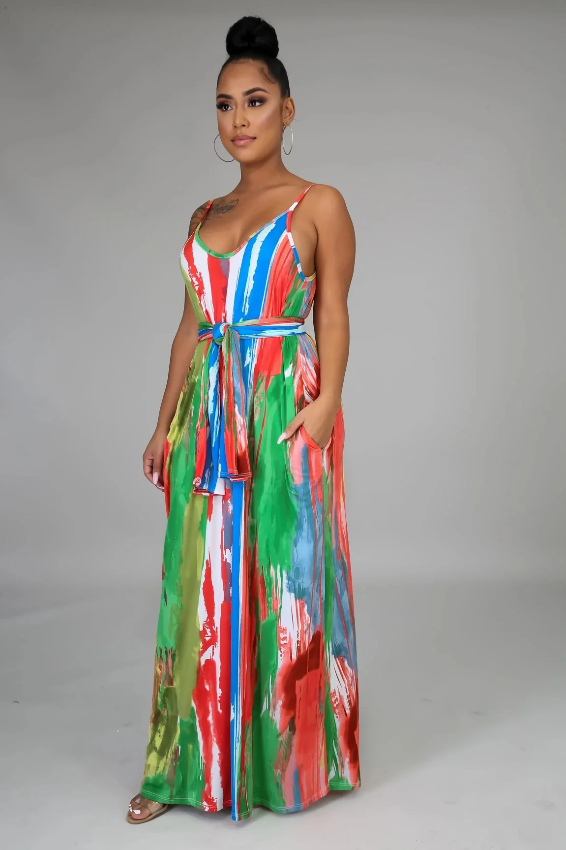 

Sexy Sling Long Dress Plus Size Womens Sleeveless Collocation Belt / Bandana Stripe Printing Fashion Elegant Long Skirt 2021 New