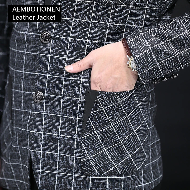 

Men Business High Jacket Grade Plaid Suit Collar Slim Casual Sheepskin Genuine Coat Men's Leather Blazer