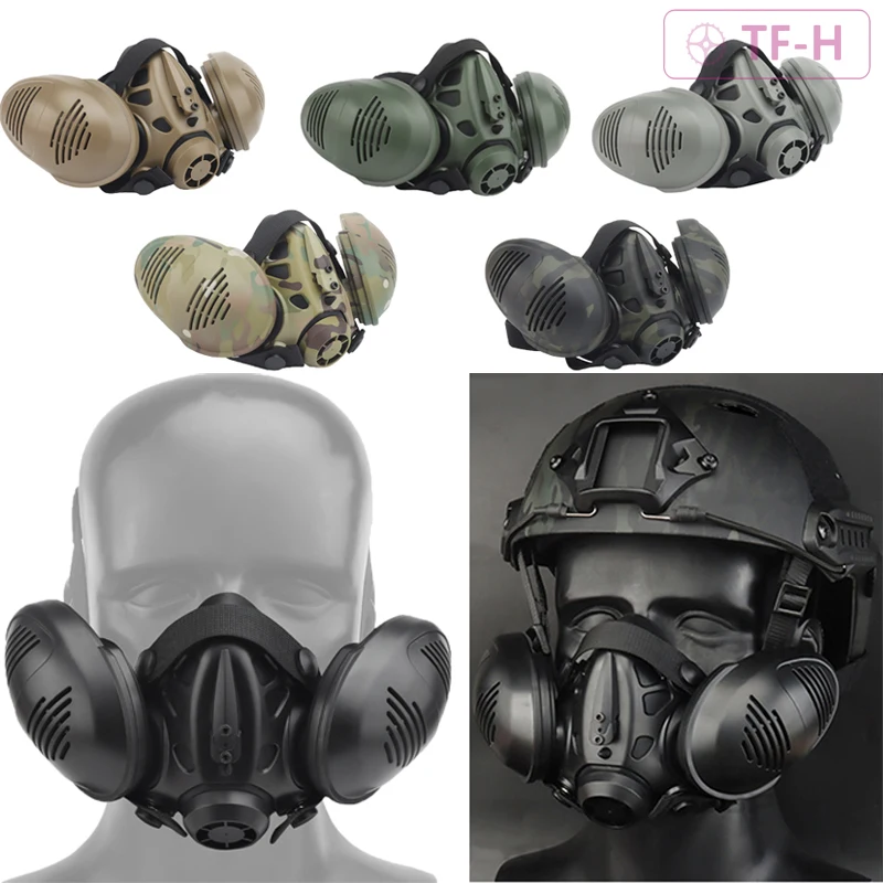 Тактическая двусторонняя полумаска-респиратор для газа с адаптацией под шлем, в виде реквизита для пэйнтбола, аирсофта, военной игры CS и косплея. Защита.