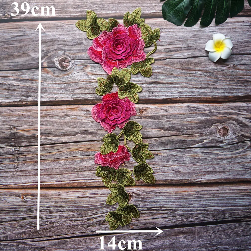 Розовый красный вышитый 3D цветок листья платье Аппликации кружевной ткани