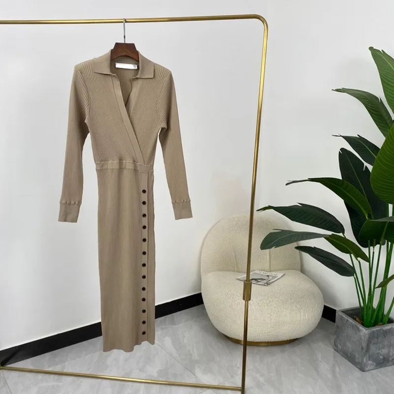 

2021 New Summer Women Fashion Khaki V-neck Long Sleeves Ankle-length Skirts With Button High Quality