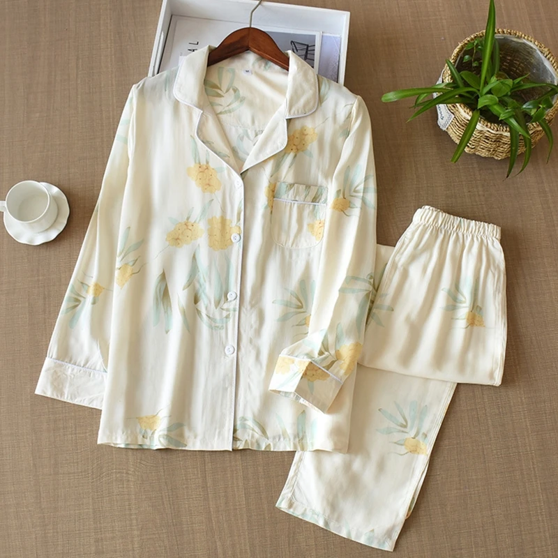 

Women Autumn 2 Piece Cotton Pajamas Set Long Sleeve Lapel Button Down Tops Loose Pants Vintage Floral Printed Sleepwear