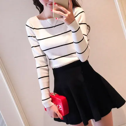 Новинка 2017 Весенняя трикотажная женская модель в Корейском стиле полоску тонкая