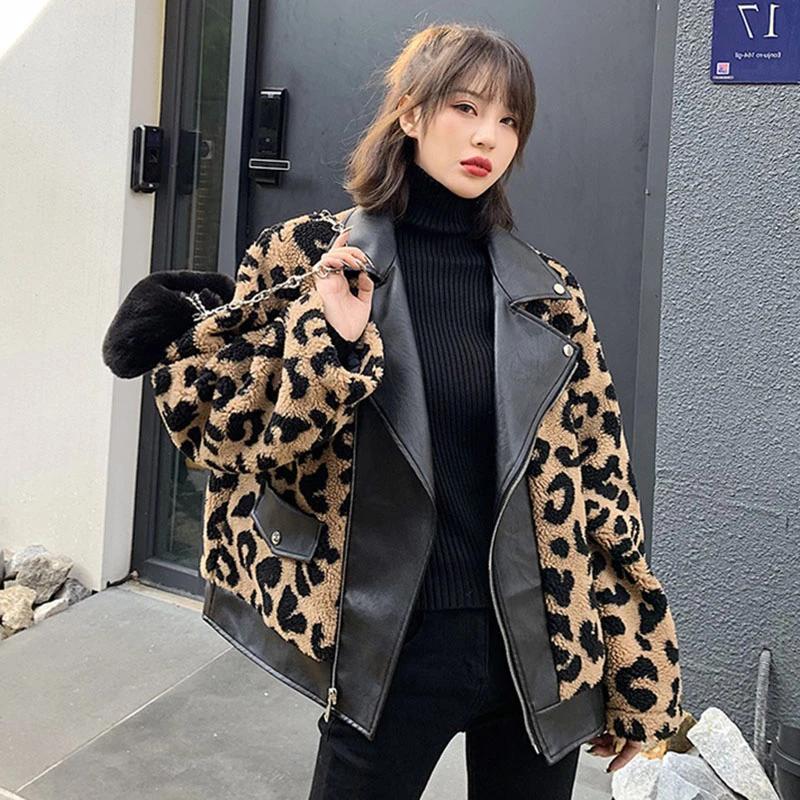 

Zoulv Leather Jacket Winter PU Leather Jacket Female Short Thick Warm Fashion Biker Style Plush Leopard Lambswool Coat Women