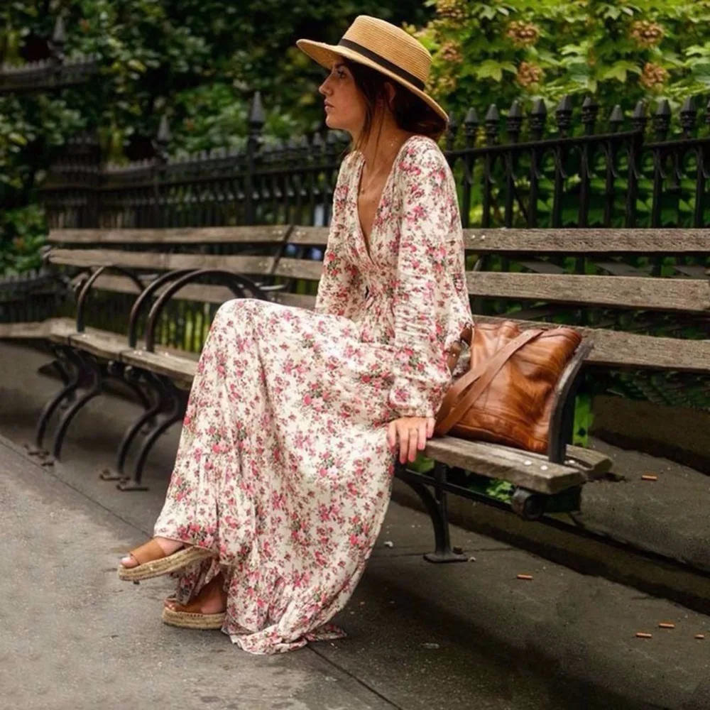 

Summer Fashion Bohe Long Sleeve Floral Printed Dress Vestidos Women V-Neck High Waist Loose Beach Dresses