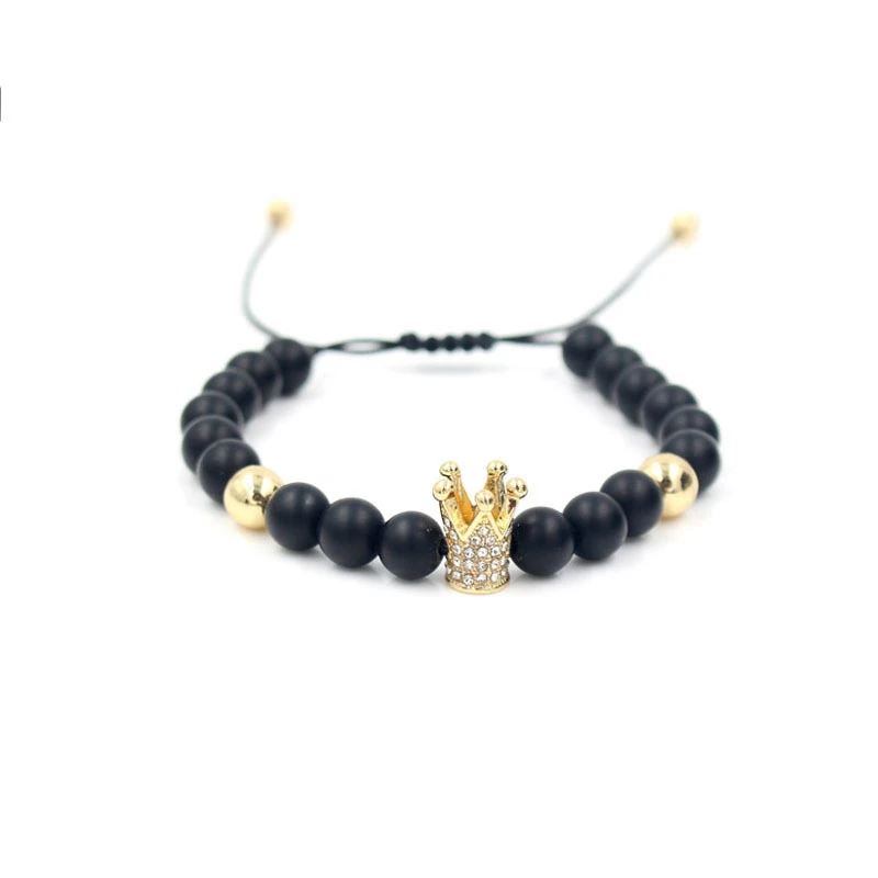 

Hot Sale Crown Bead Bracelet Black Bead Round Stone Bracelet Natural Stone Beaded With Diamond Bracelets For Unisex