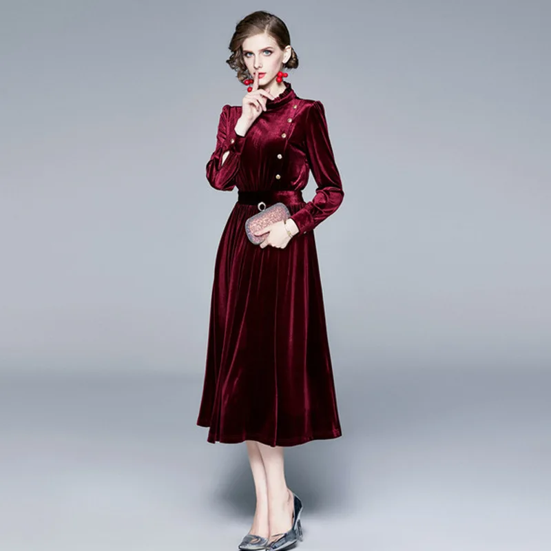 

2020 British style stand-up collar long sleeve pure color velvet Mosaic dress