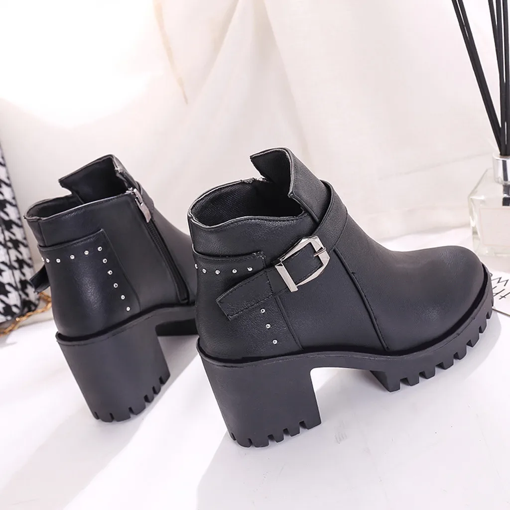 SAGACE Women Autumn Winter Ankle Boots Round Toe Heels Leather Booties Shoes Ladies Vintage Chunky | Обувь