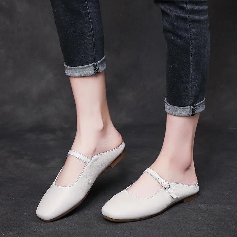 

Women Mules Leather Summer Slippers Beige Shoes Low Heels For Women Handmade Genuine Leather Soft Women Slippers 2021 Casual